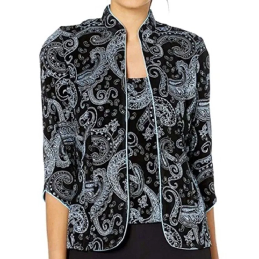 Alex Evenings Jacket & Sleeveless Top Paisley Sparkle Mandarin Collar Dressy XL